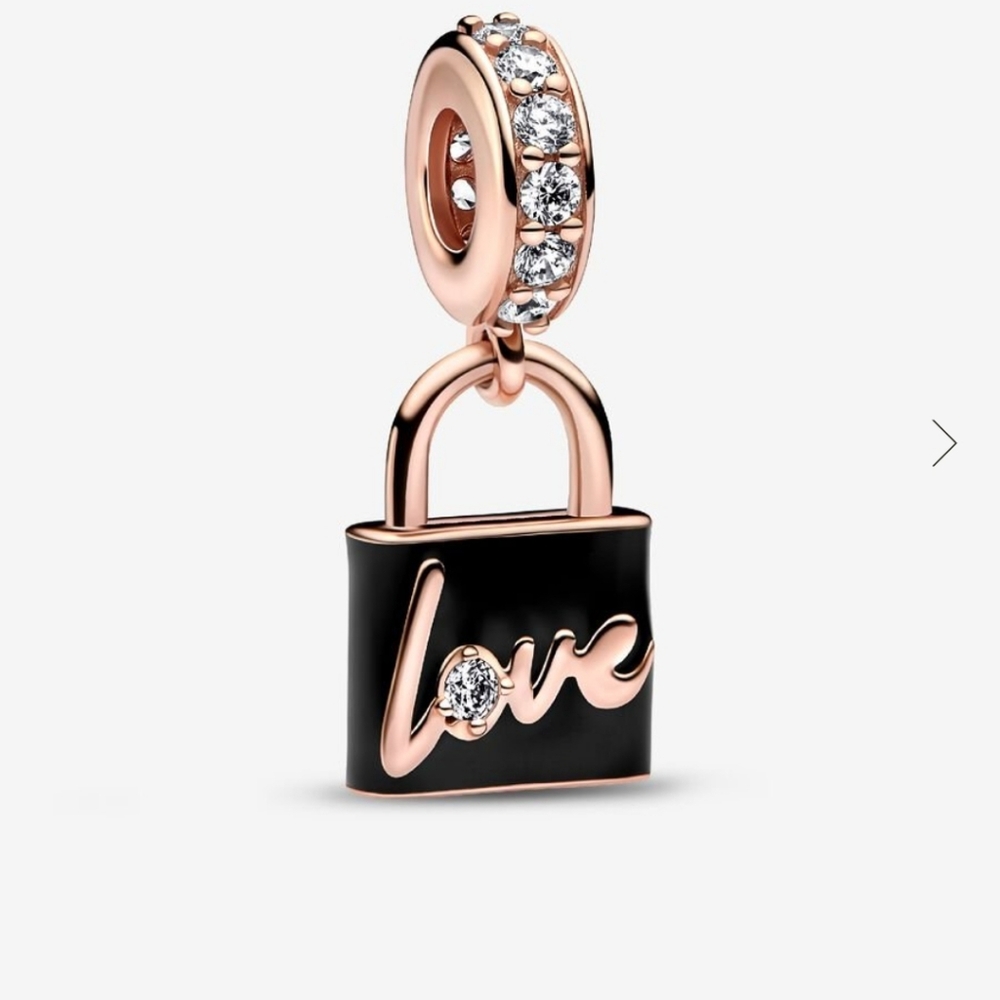 PANDORA DANGLING Rose Gold and Black Love Charm AND CUBIC BOXED Charm